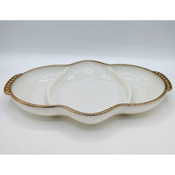 Divided Relish Tray Fire King White Milk Glass Gold Bead Trim Vintage 11 Inch - Picture 4 of 10